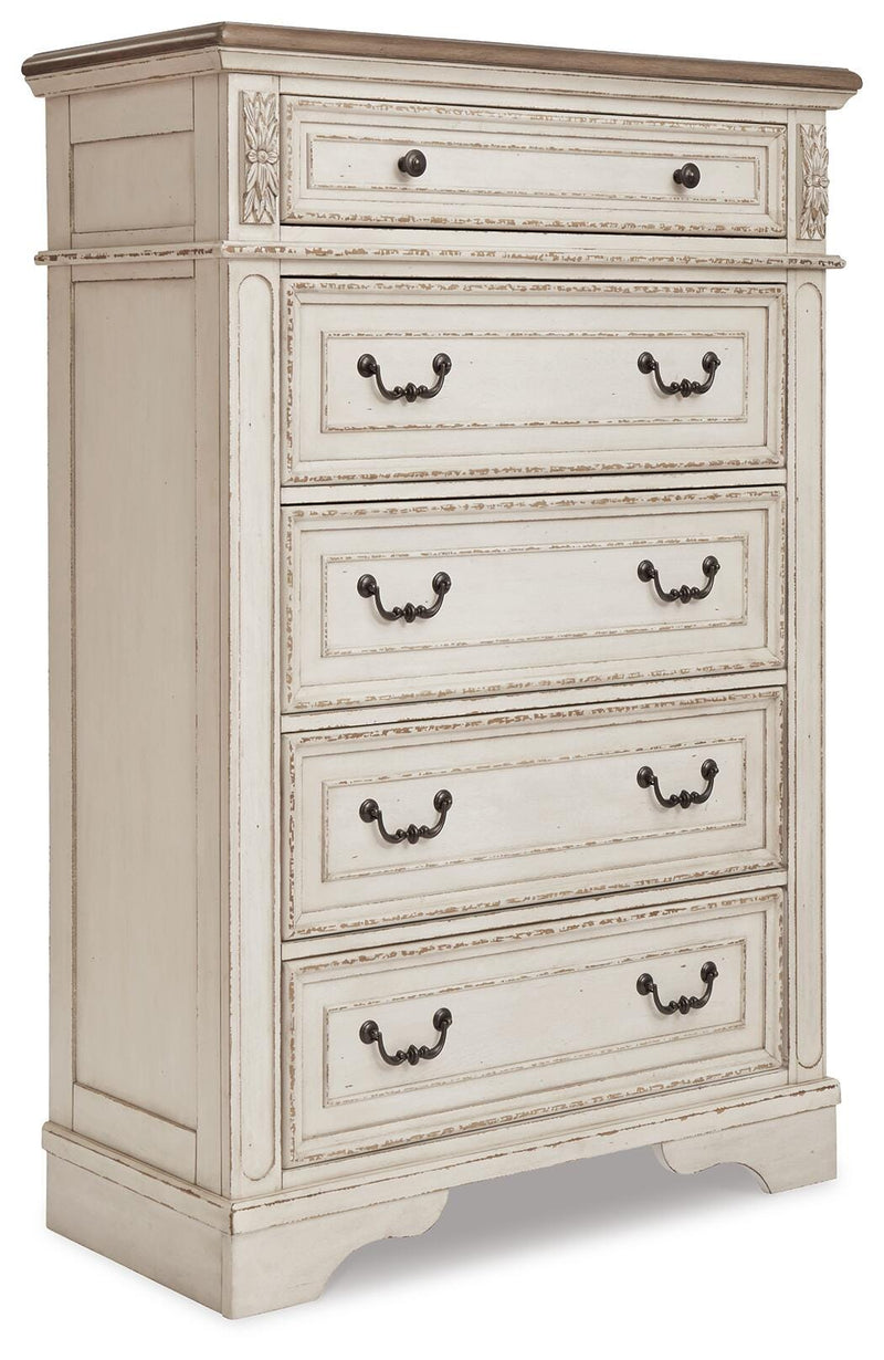 Realyn King Panel Upholstered Bed, Dresser, Mirror and Chest