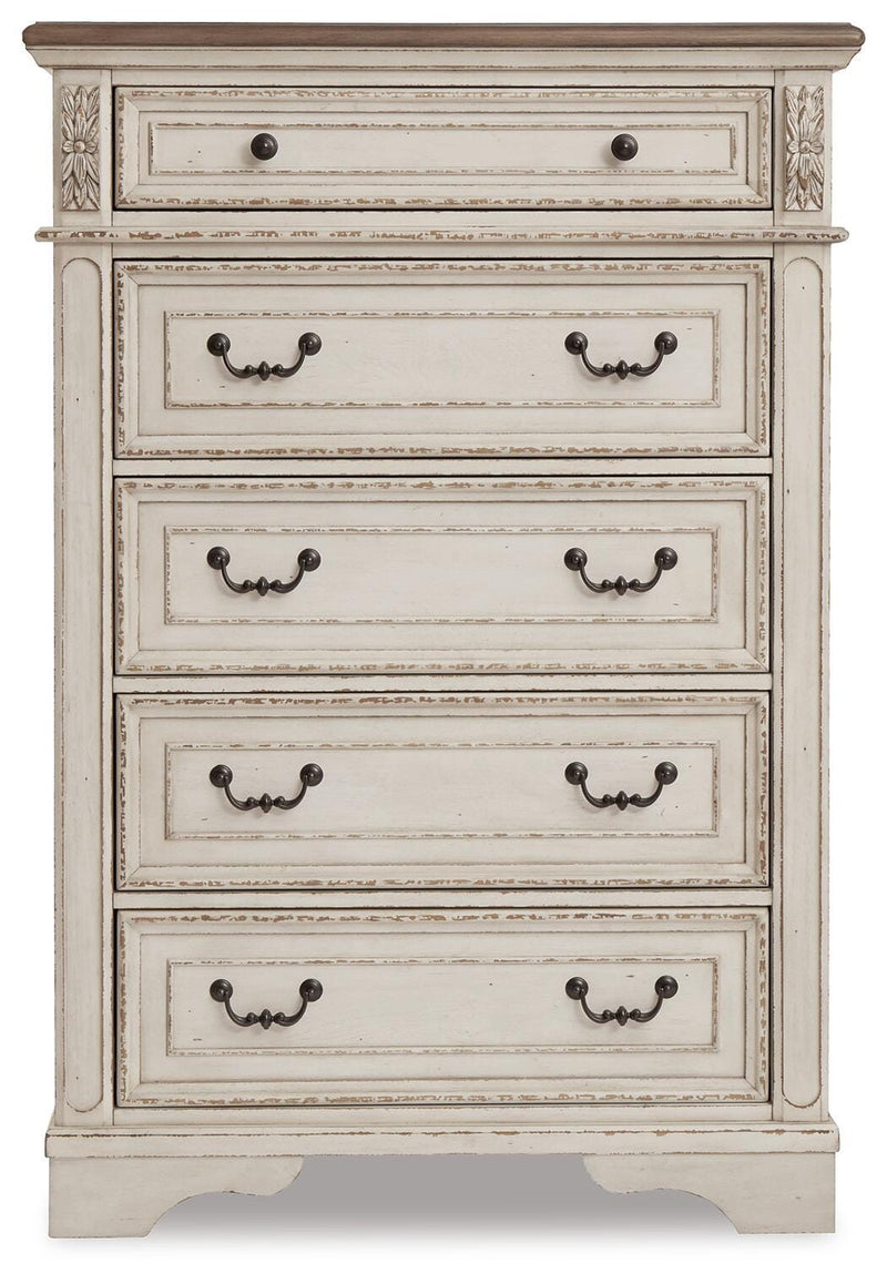 Realyn Queen Upholstered Storage Bed, Dresser, Chest and Nightstand