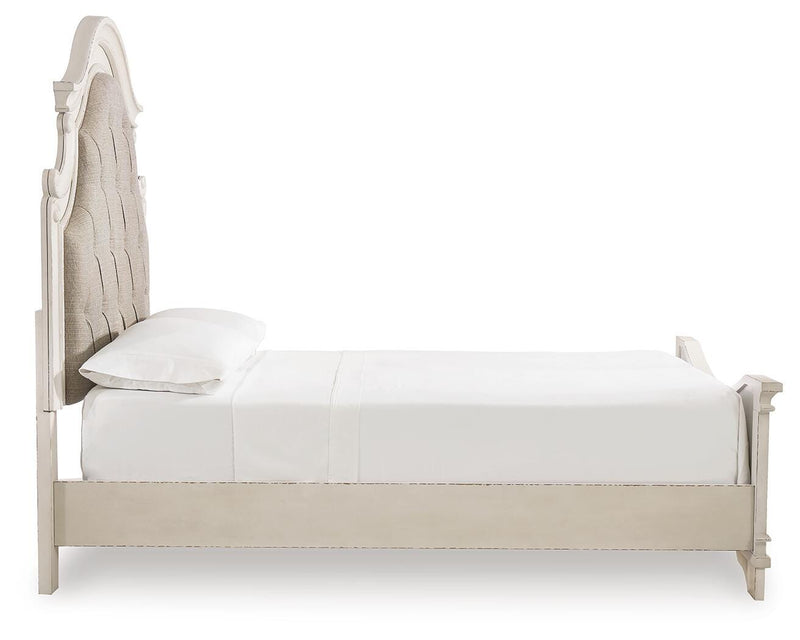 Realyn Queen Upholstered Panel Bed, Dresser and Nightstand