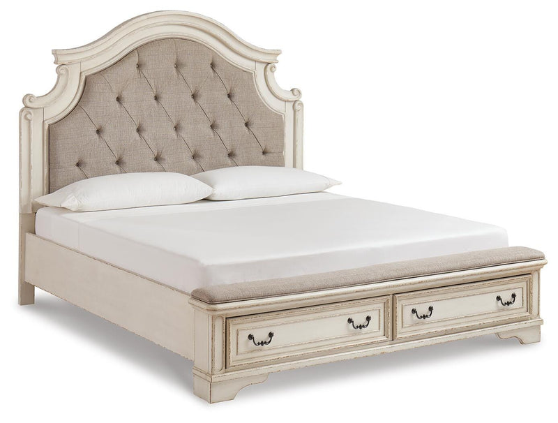 Realyn King Upholstered Panel Bed, Dresser, Mirror and Nightstand