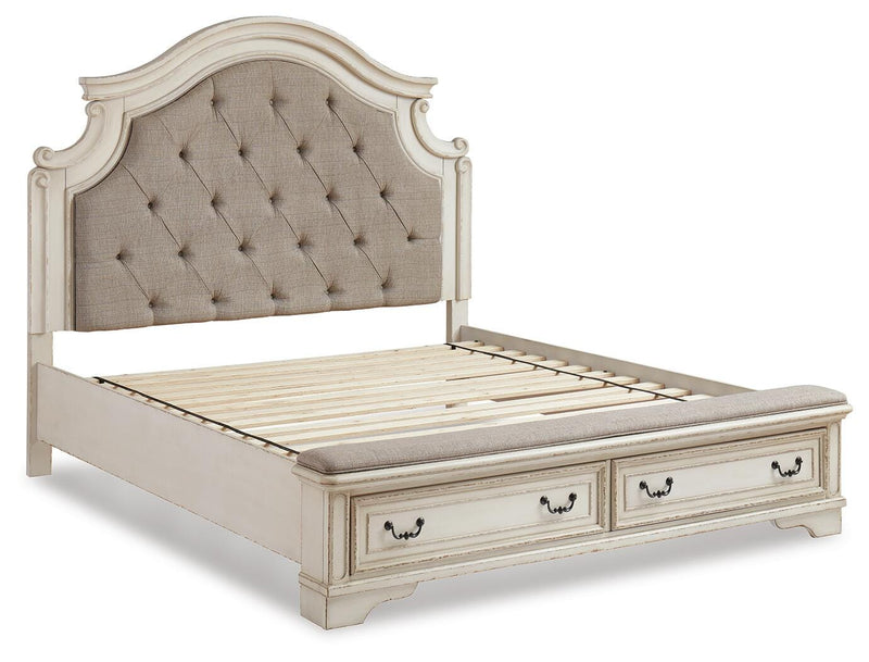 Realyn King Upholstered Panel Bed, Dresser, Mirror and Nightstand