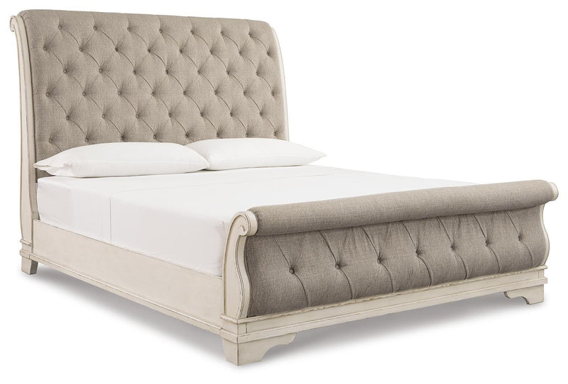 Realyn Queen Upholstered Sleigh Bed and Chest