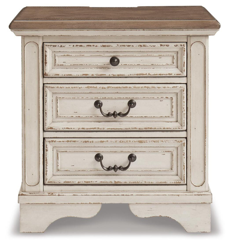 Realyn King Upholstered Panel Bed, Dresser and Nightstand