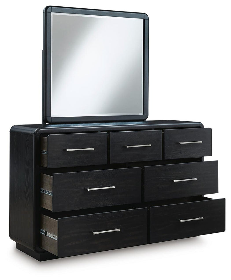 Rowanbeck King Upholstered Panel Bed, Dresser and Mirror