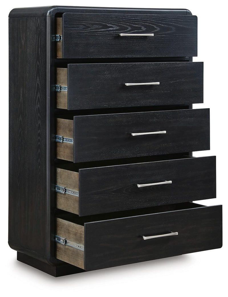 Rowanbeck King Panel Bed, Dresser, Mirror, Chest and Nightstand