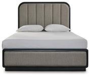 Rowanbeck Queen Upholstered Panel Bed, Dresser and Mirror