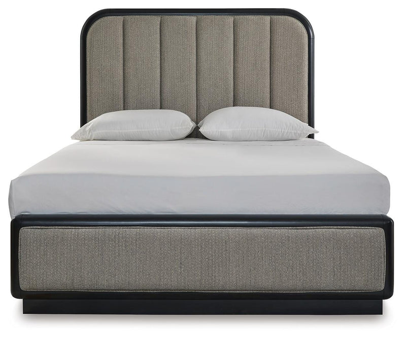 Rowanbeck Queen Upholstered Panel Bed, Dresser and Mirror