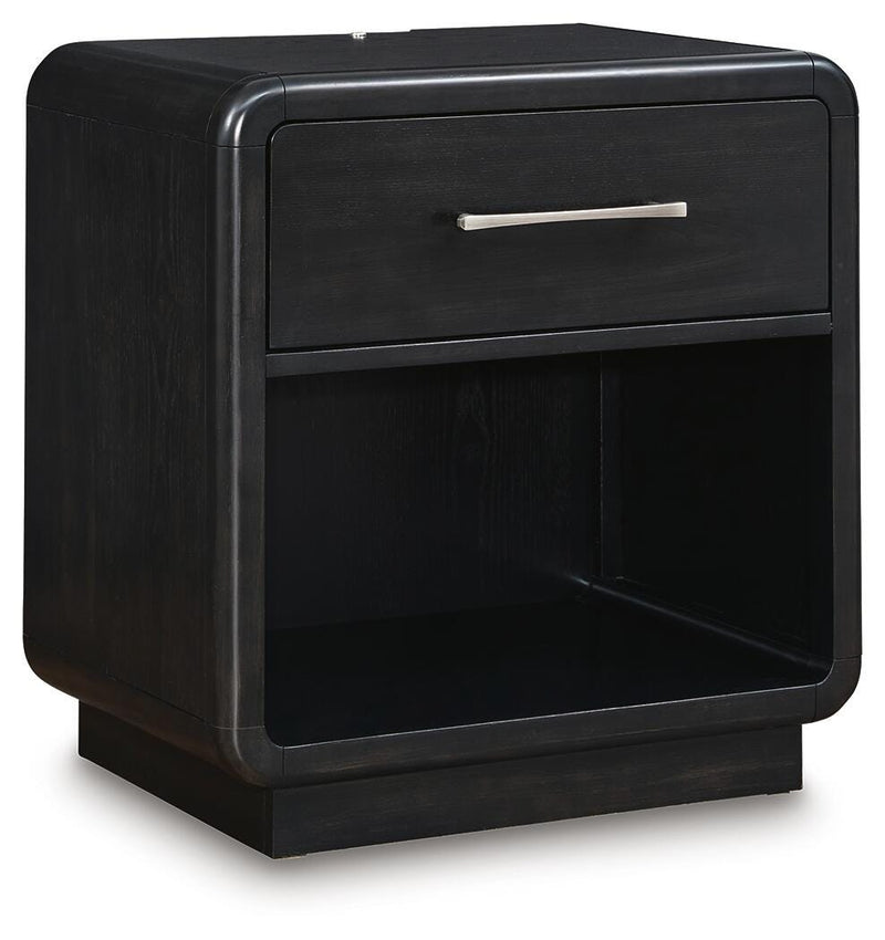 Rowanbeck Queen Upholstered Panel Bed, Dresser, Mirror and Nightstand