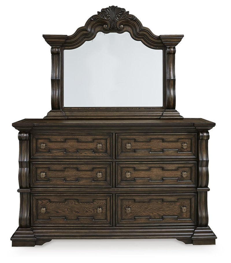 Maylee King Upholstered Bed, Dresser, Mirror and 2 Nightstands