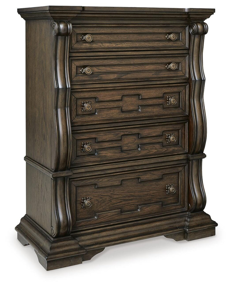Maylee Queen Upholstered Bed, Dresser, Chest and Nightstand