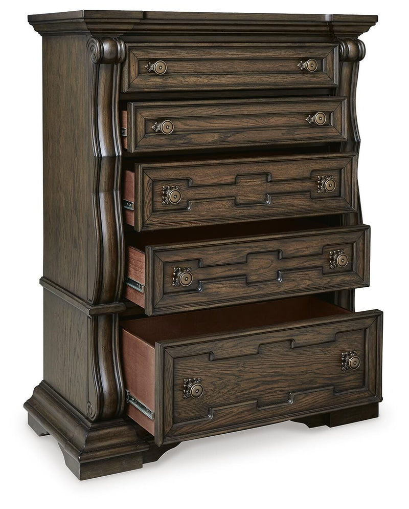 Maylee King Upholstered Bed, Dresser, Mirror, Chest and 2 Nightstands