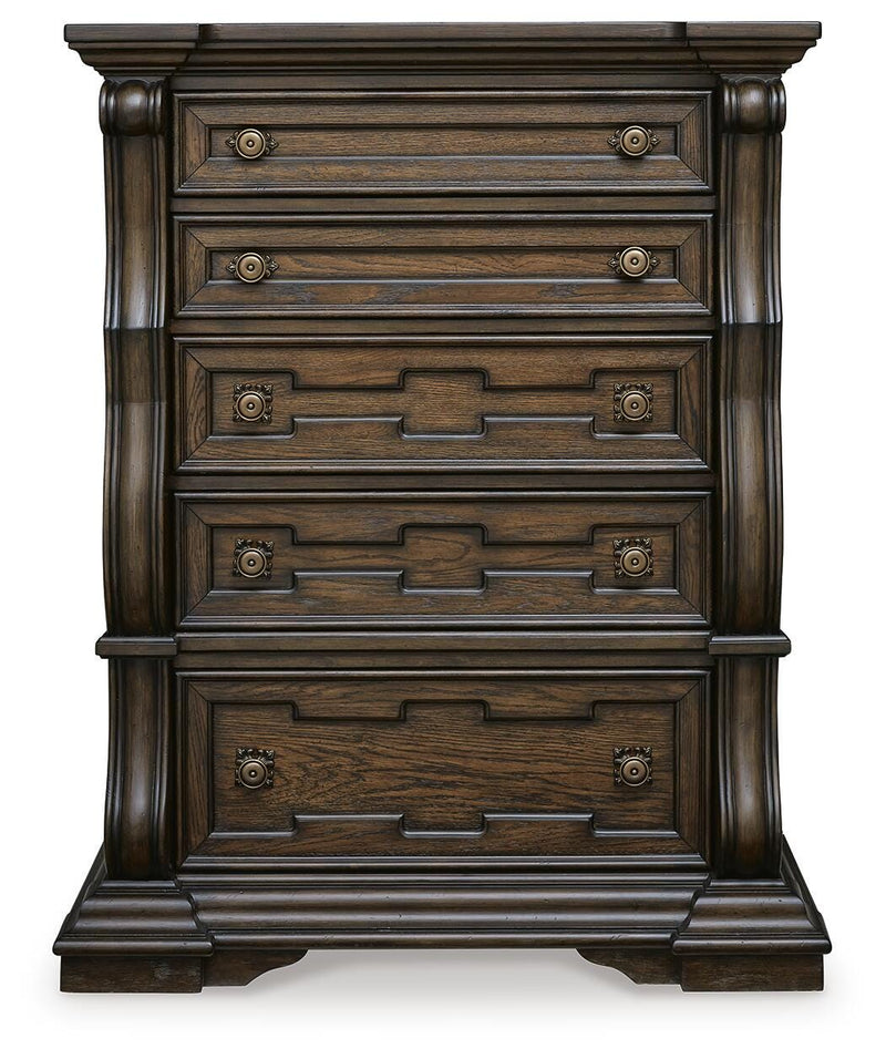 Maylee King Upholstered Panel Bed, Chest and 2 Nightstands