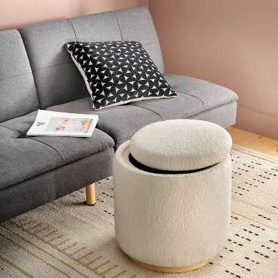 Round Upholstered Storage Ottoman Cream Boucle - Room Essentials