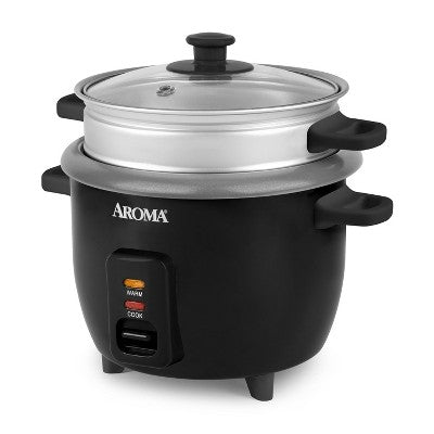 Aroma 6 Cup Rice Cooker with Outer Steam Tray Black