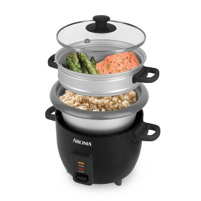 Aroma 6 Cup Rice Cooker with Outer Steam Tray Black