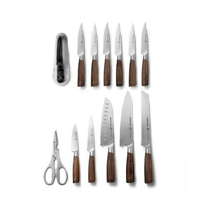Schmidt Bros 14pc Knife Block Set Delta: Stainless Blades, Wood Handles, Sharpener & Knives