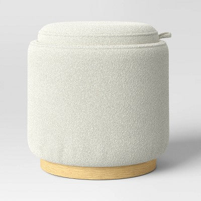 Round Upholstered Storage Ottoman Cream Boucle - Room Essentials