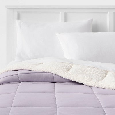 Twin/Twin XL Faux Shearling Washed Microfiber Reversible Comforter Purple - Room Essentials