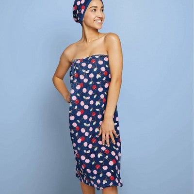 Bath Body Wrap Cherries Navy - Room Essentials Cotton Velour Shower Wrap, Hook & Loop Closure