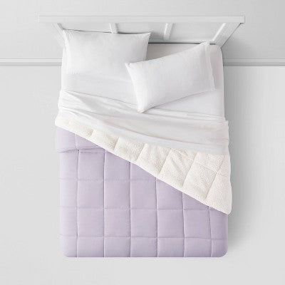 Twin/Twin XL Faux Shearling Washed Microfiber Reversible Comforter Purple - Room Essentials