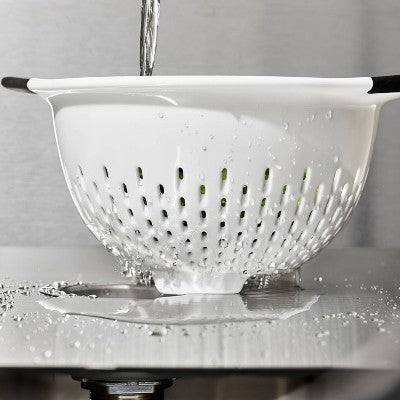 OXO Softworks Colander with Black Handles, 3 Qt White Plastic Strainer, Dishwasher-Safe