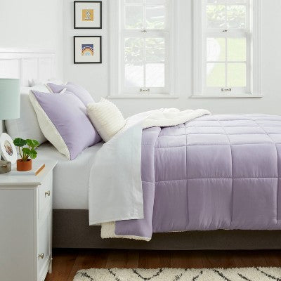 Twin/Twin XL Faux Shearling Washed Microfiber Reversible Comforter Purple - Room Essentials