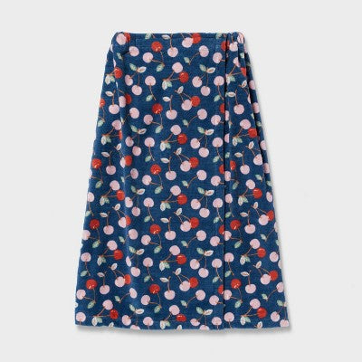 Bath Body Wrap Cherries Navy - Room Essentials Cotton Velour Shower Wrap, Hook & Loop Closure