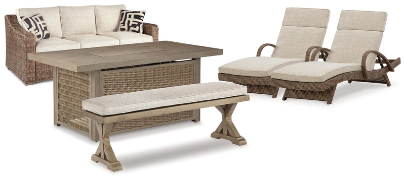 Beachcroft Outdoor Sofa, 2 Chaise Lounges, Bench and Fire Pit Table