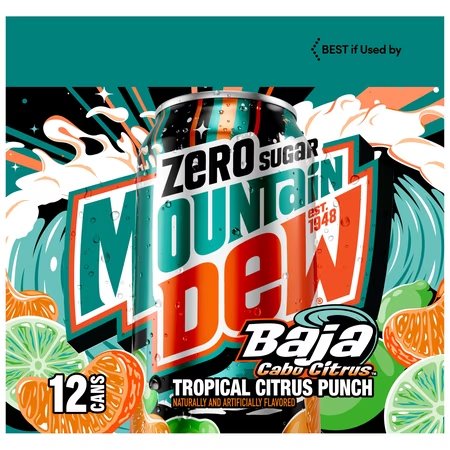 Mountain Dew Zero Sugar Baja Blast Cabo Citrus Soda, 12 fl oz Cans, 12 pack