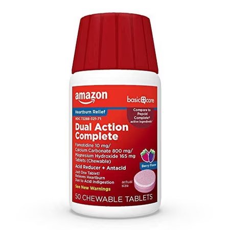 Basic Care Dual Action Complete Chewable Acid Reducer & Antacid Tablets, Berry Flavor, 50 Count